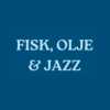 Blå grafikk med teksten “Fisk, olje & jazz” i lyse bokstaver.