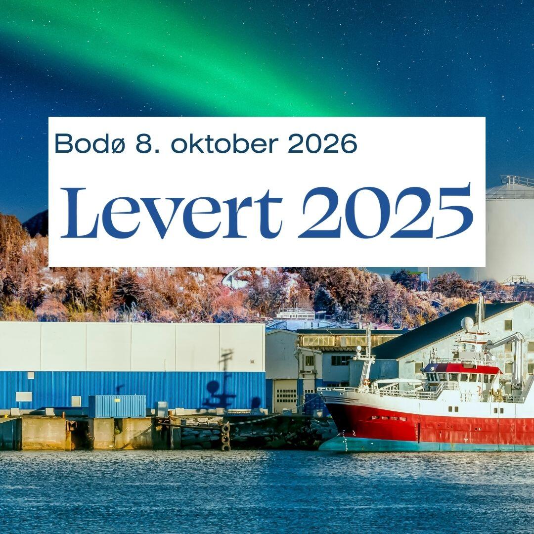 Grafikk for Levert 2025 i Bodø med fiskebåt ved kai og nordlys over havneområdet.