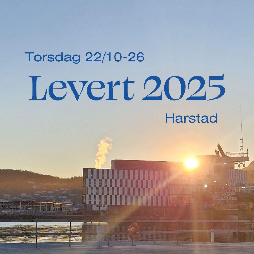 Forsidegrafikk for Levert 2025 i Harstad. Bildet viser havneomr&aring;det i Harstad med industribebyggelse ved sj&oslash;en og lav kveldssol. Teksten &laquo;Levert 2025 Harstad&raquo; er plassert over bildet.